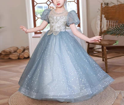 Princess Girl Party Dress with Crystal Appliques Round Neck and Short Sleeves