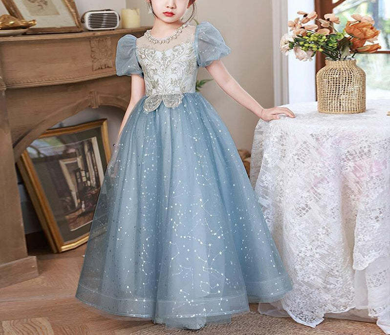 Princess Girl Party Dress with Crystal Appliques Round Neck and Short Sleeves