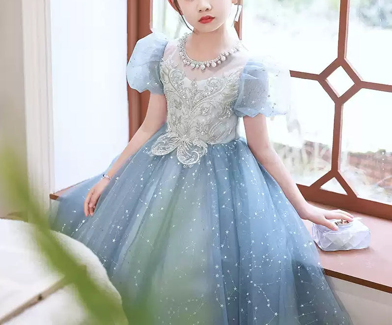 Princess Girl Party Dress with Crystal Appliques Round Neck and Short Sleeves