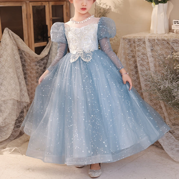 Long-Sleeve A-Line Princess Party Dresses for Flower Girls with Rhinestone Appliques