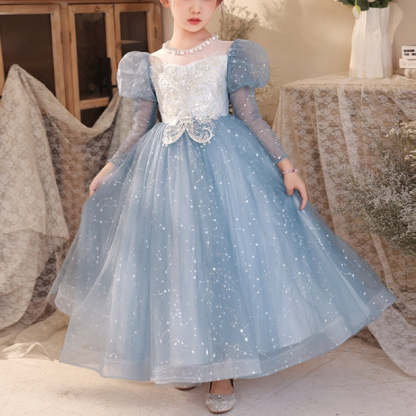 Long-Sleeve A-Line Princess Party Dresses for Flower Girls with Rhinestone Appliques