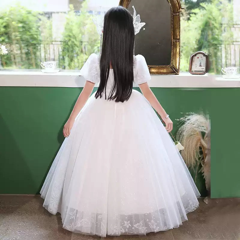 Square Neck Short-Sleeve Ball Gown Flower Girl Dress with Rhinestone Appliques