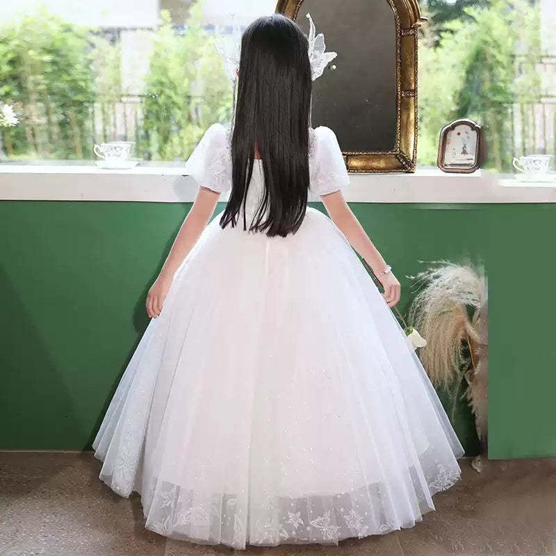 Square Neck Short-Sleeve Ball Gown Flower Girl Dress with Rhinestone Appliques