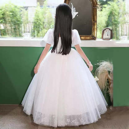 Square Neck Short-Sleeve Ball Gown Flower Girl Dress with Rhinestone Appliques