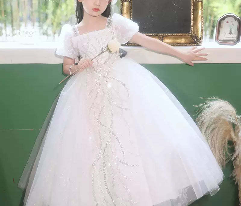 Square Neck Short-Sleeve Ball Gown Flower Girl Dress with Rhinestone Appliques