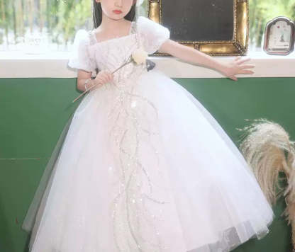 Square Neck Short-Sleeve Ball Gown Flower Girl Dress with Rhinestone Appliques