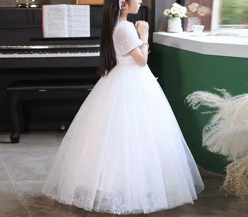 Square Neck Short-Sleeve Ball Gown Flower Girl Dress with Rhinestone Appliques