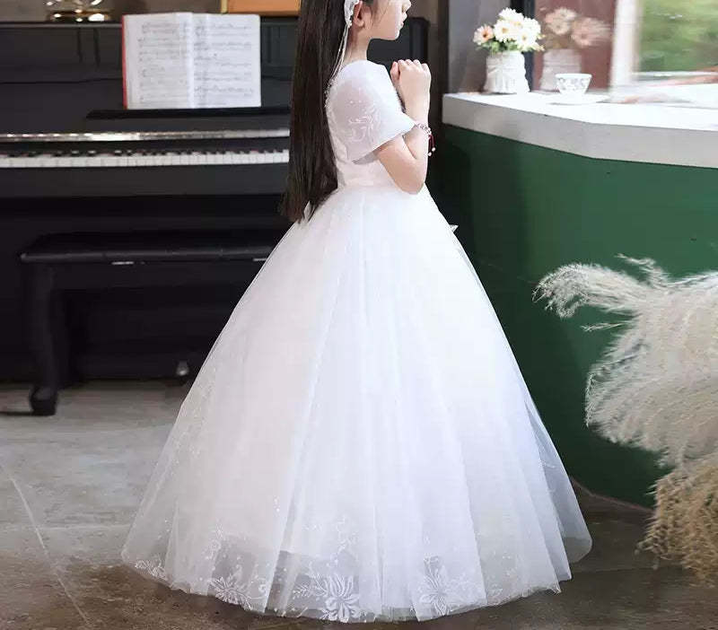 Square Neck Short-Sleeve Ball Gown Flower Girl Dress with Rhinestone Appliques