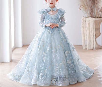 Princess A-Line Long Sleeve Lace Dress with Appliques and Train for Girls