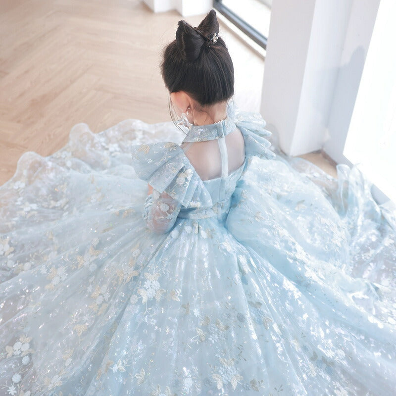 Princess A-Line Long Sleeve Lace Dress with Appliques and Train for Girls