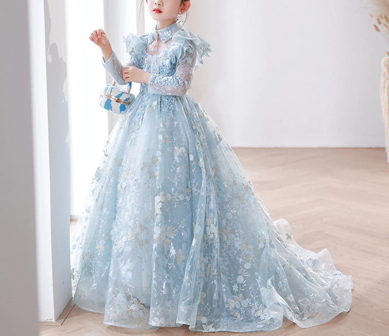 Princess A-Line Long Sleeve Lace Dress with Appliques and Train for Girls