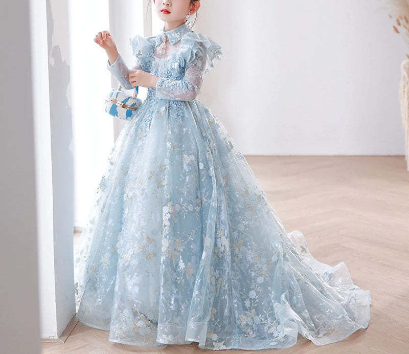 Princess A-Line Long Sleeve Lace Dress with Appliques and Train for Girls