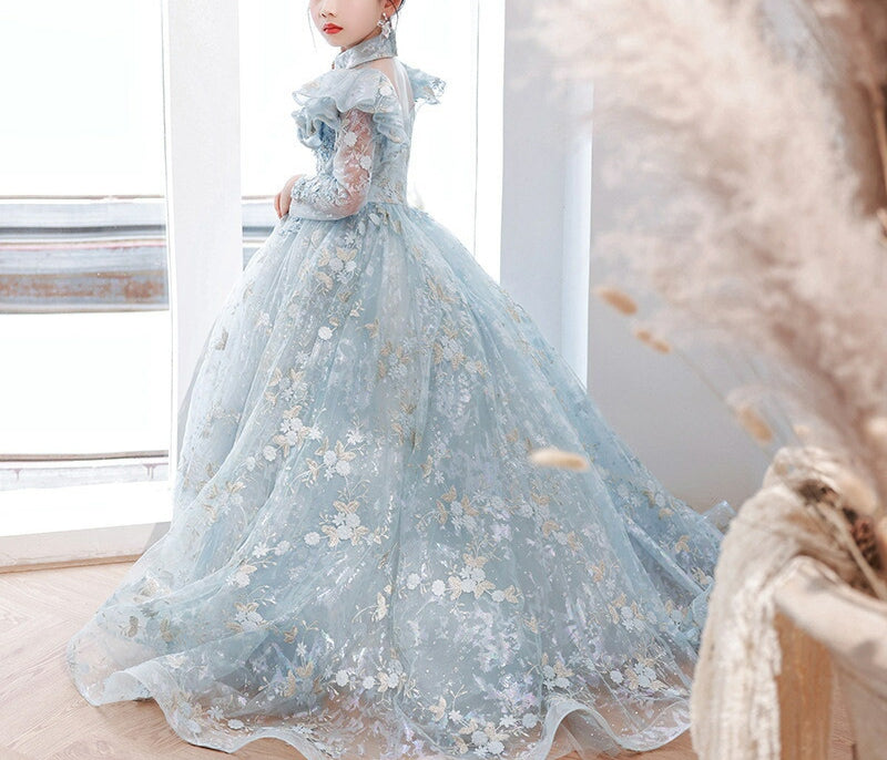 Princess A-Line Long Sleeve Lace Dress with Appliques and Train for Girls