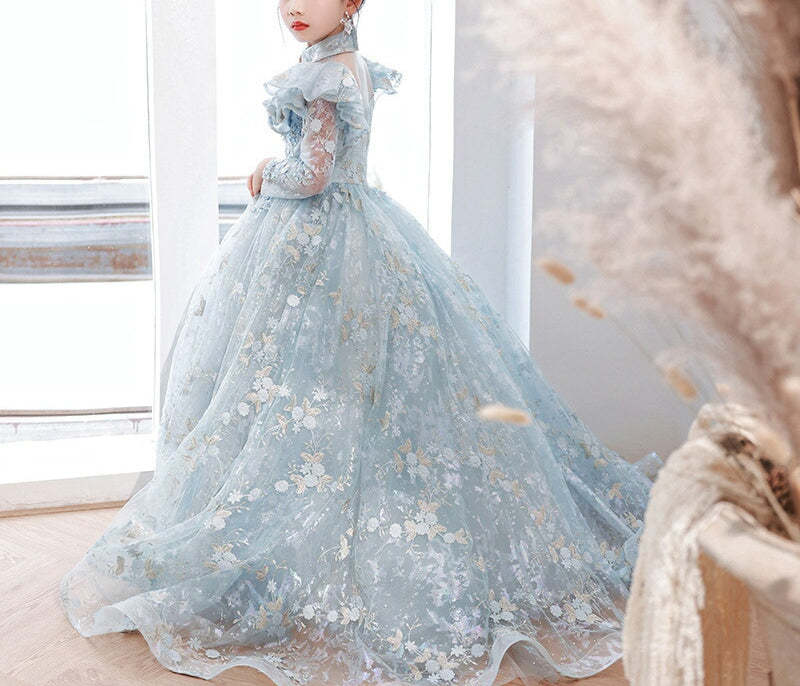 Princess A-Line Long Sleeve Lace Dress with Appliques and Train for Girls