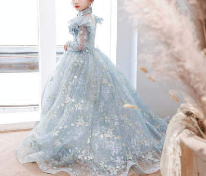 Princess A-Line Long Sleeve Lace Dress with Appliques and Train for Girls