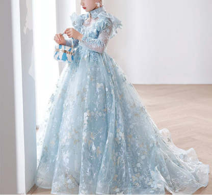Princess A-Line Long Sleeve Lace Dress with Appliques and Train for Girls