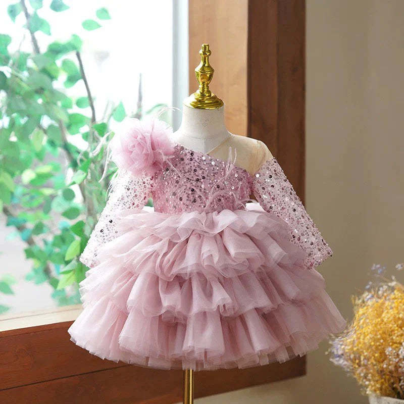 Knee-Length Layered Baby Girl Ball Gown with Long Sleeves Flower & Feathers