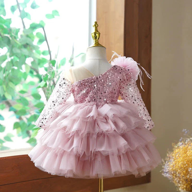 Knee-Length Layered Baby Girl Ball Gown with Long Sleeves Flower & Feathers