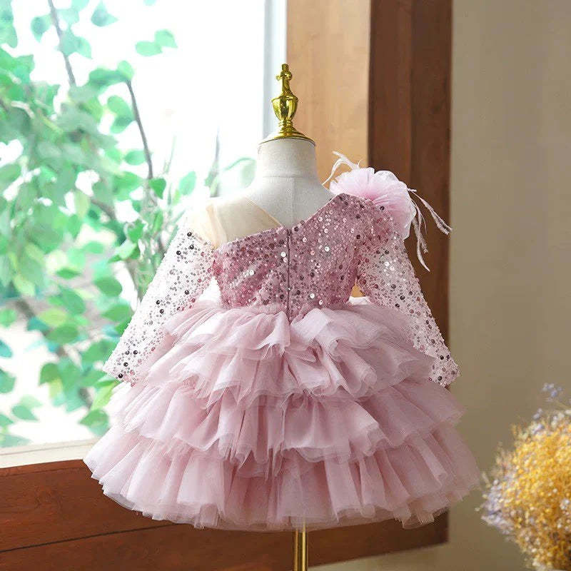 Knee-Length Layered Baby Girl Ball Gown with Long Sleeves Flower & Feathers