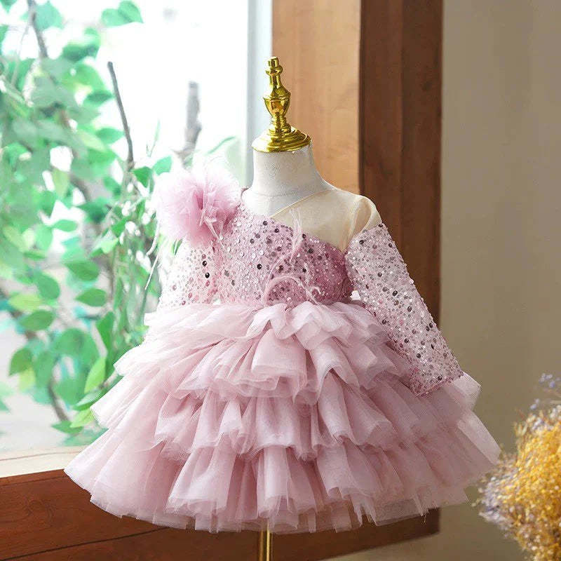 Knee-Length Layered Baby Girl Ball Gown with Long Sleeves Flower & Feathers