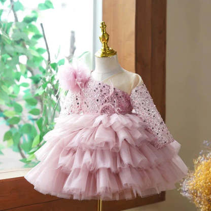 Knee-Length Layered Baby Girl Ball Gown with Long Sleeves Flower & Feathers