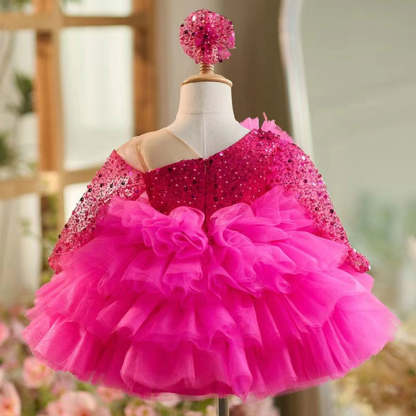 Knee-Length Layered Baby Girl Ball Gown with Long Sleeves Flower & Feathers