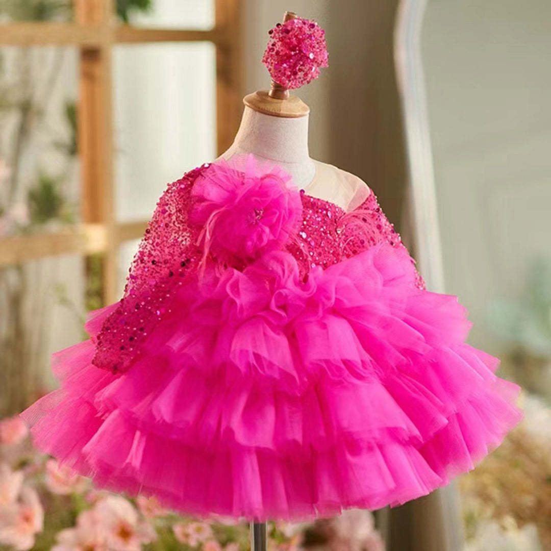 Knee-Length Layered Baby Girl Ball Gown with Long Sleeves Flower & Feathers