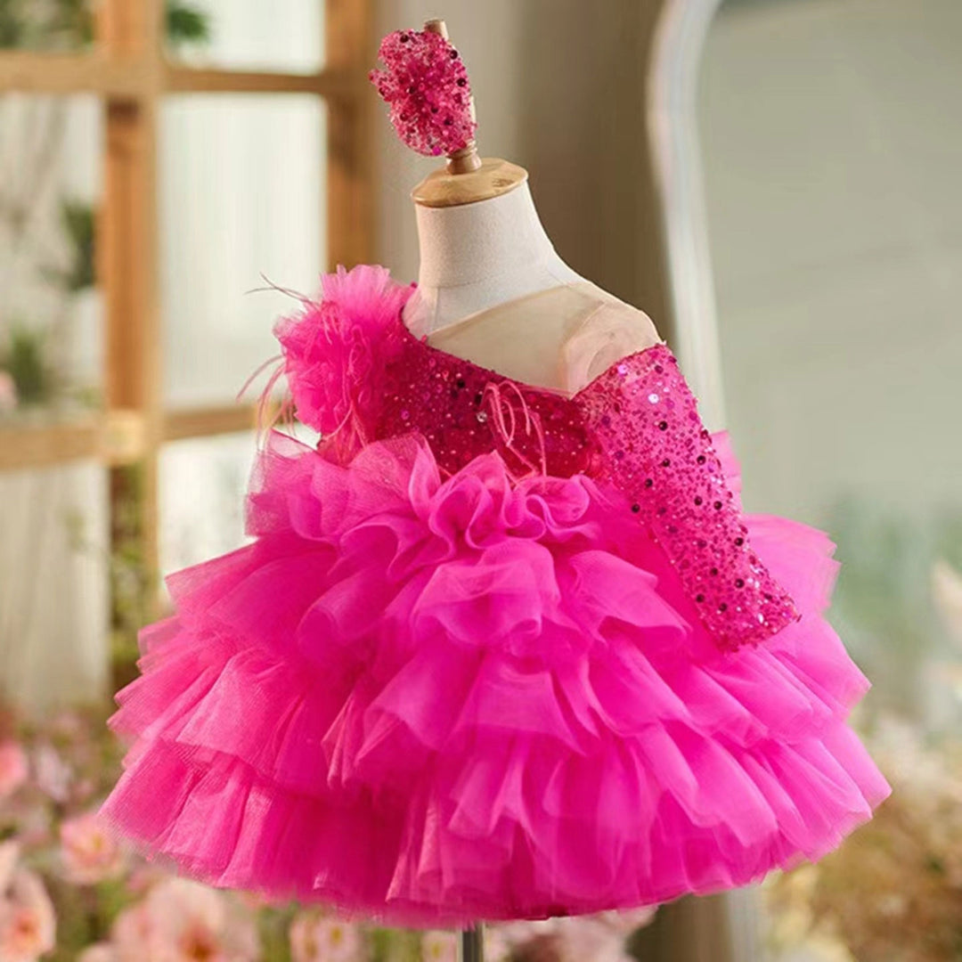 Knee-Length Layered Baby Girl Ball Gown with Long Sleeves Flower & Feathers