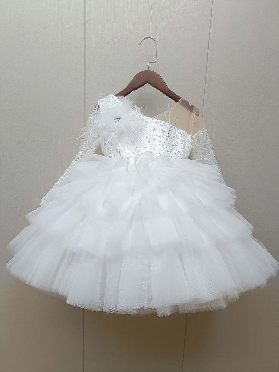 Knee-Length Layered Baby Girl Ball Gown with Long Sleeves Flower & Feathers