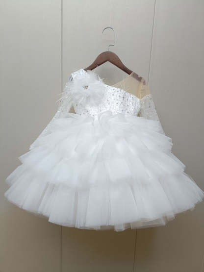 Knee-Length Layered Baby Girl Ball Gown with Long Sleeves Flower & Feathers