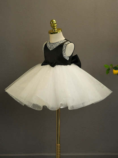 Sleeveless Knee-Length Ball Gown for Baby Girl with Rhinestones & Bow