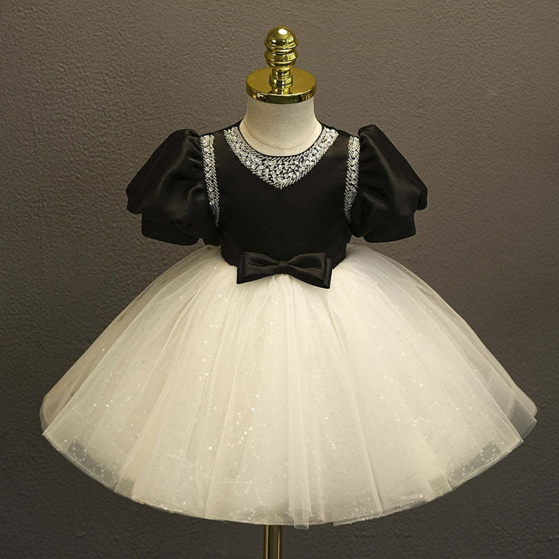Knee-Length Baby Girl Party Ball Gown with Short Sleeves Bow & Rhinestones