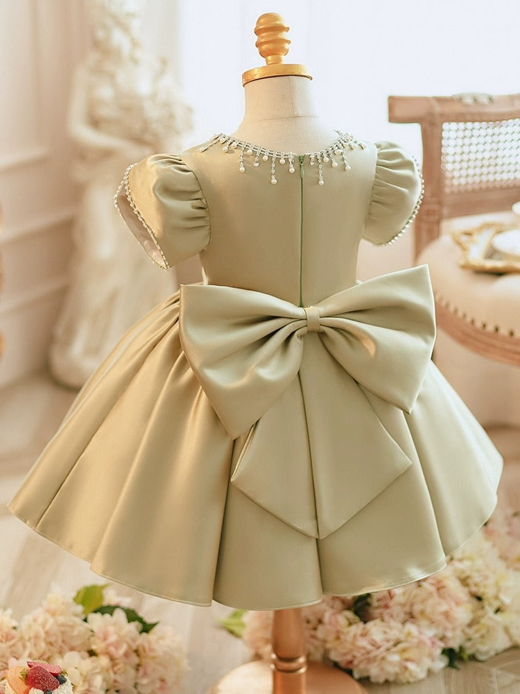 Short Sleeve Knee-Length Party Dress with Bow and Beaded Round Neck for Baby Girls