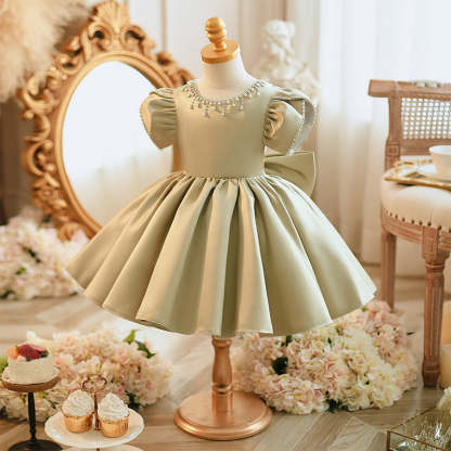 Short Sleeve Knee-Length Party Dress with Bow and Beaded Round Neck for Baby Girls