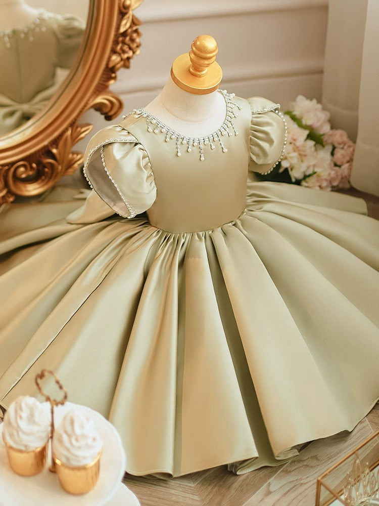 Short Sleeve Knee-Length Party Dress with Bow and Beaded Round Neck for Baby Girls