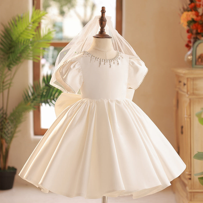 Short Sleeve Knee-Length Party Dress with Bow and Beaded Round Neck for Baby Girls