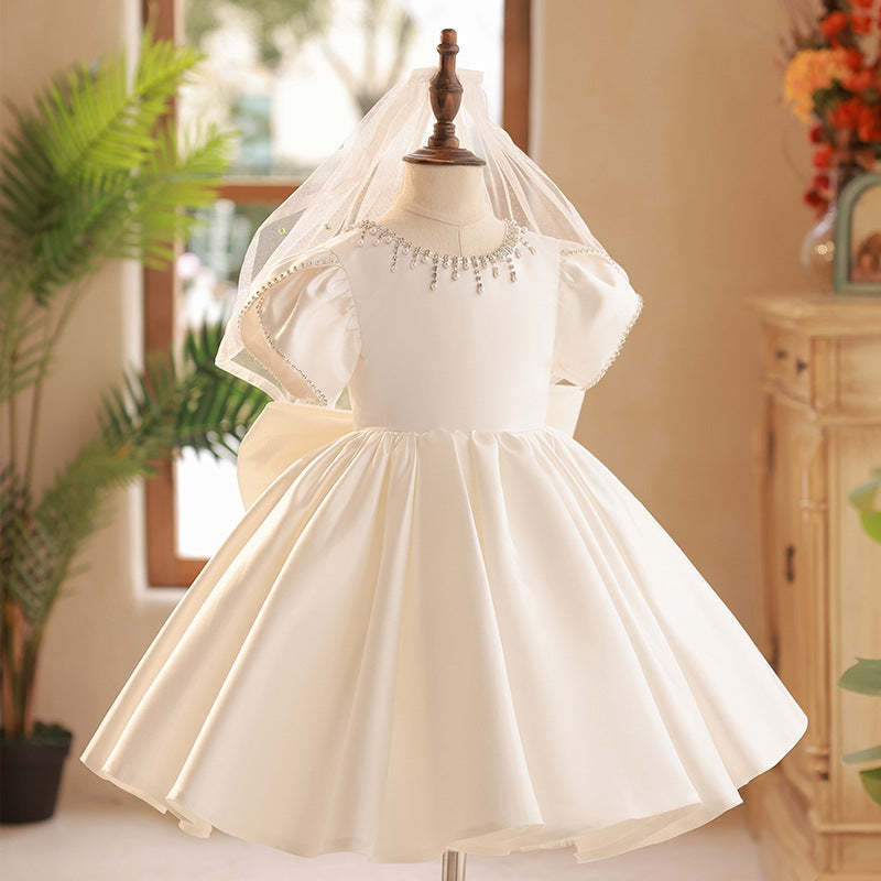 Short Sleeve Knee-Length Party Dress with Bow and Beaded Round Neck for Baby Girls