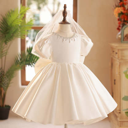 Short Sleeve Knee-Length Party Dress with Bow and Beaded Round Neck for Baby Girls