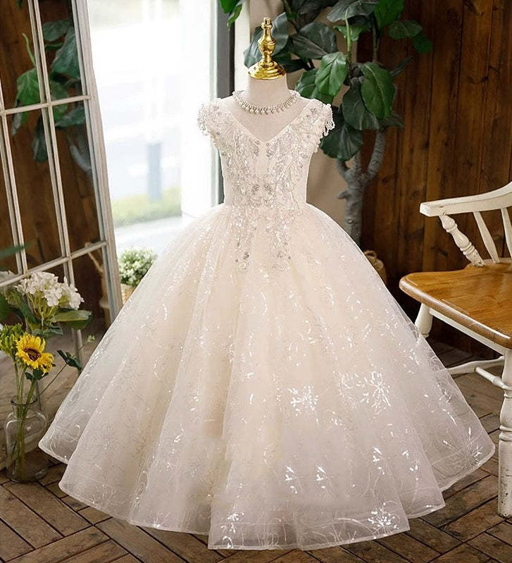 Sleeveless Lace Flower Girl Ball Gowns with Rhinestone Appliques
