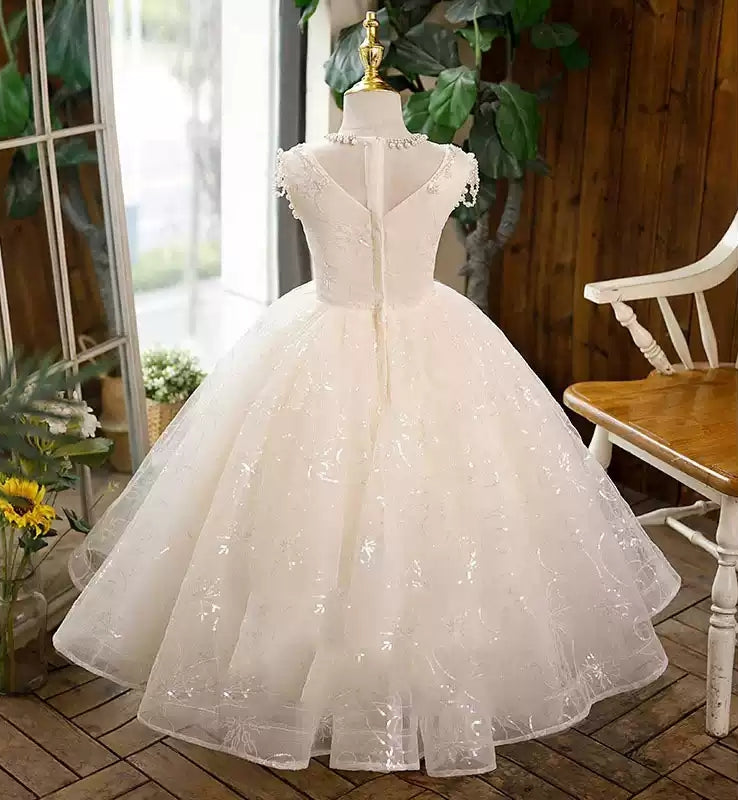Sleeveless Lace Flower Girl Ball Gowns with Rhinestone Appliques