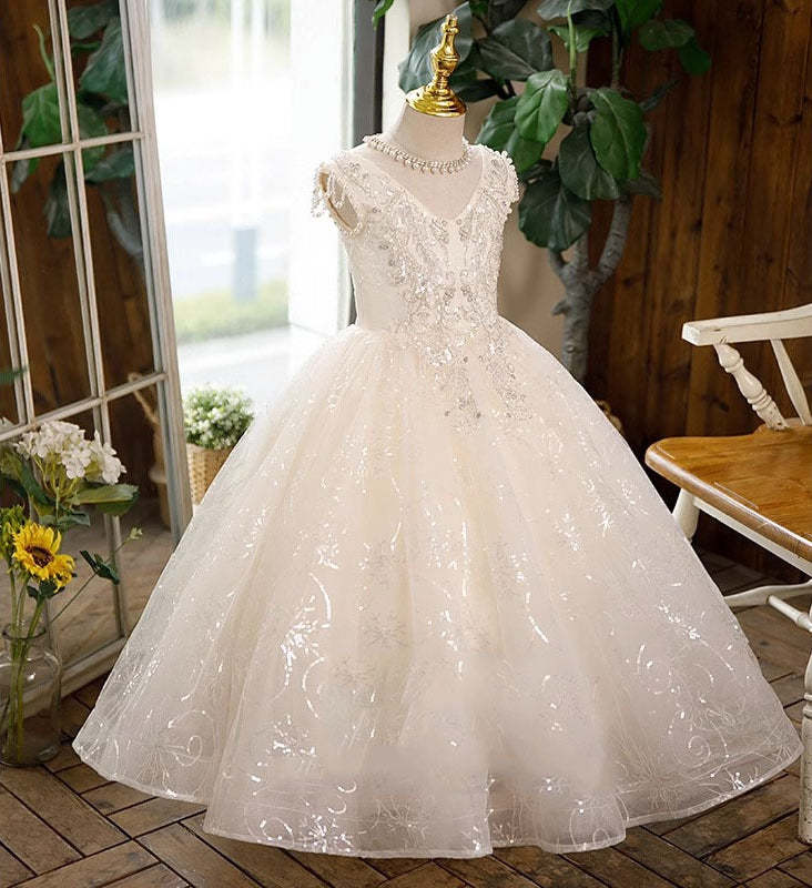 Sleeveless Lace Flower Girl Ball Gowns with Rhinestone Appliques