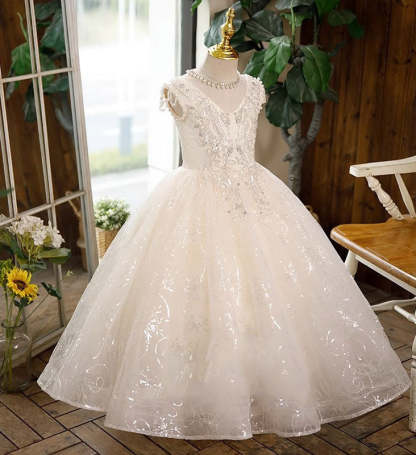 Sleeveless Lace Flower Girl Ball Gowns with Rhinestone Appliques