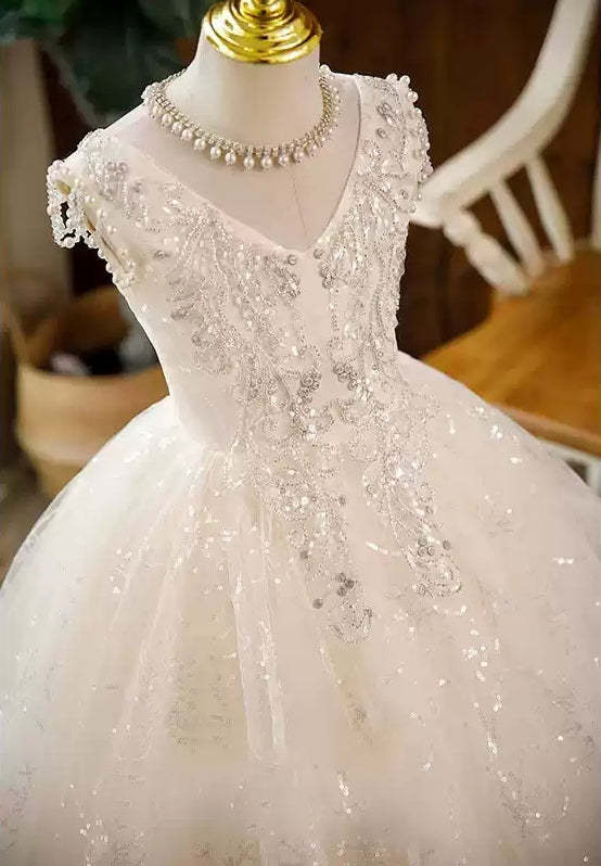 Sleeveless Lace Flower Girl Ball Gowns with Rhinestone Appliques