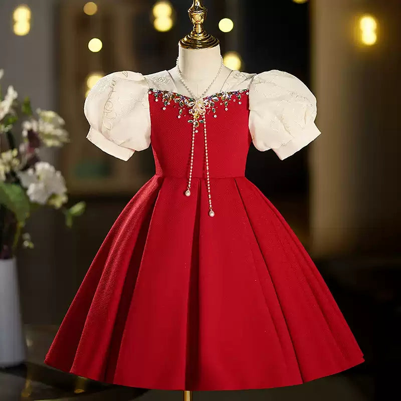 Red Rhinestone Girl's Party Dress with Short Sleeves and Tea-Length