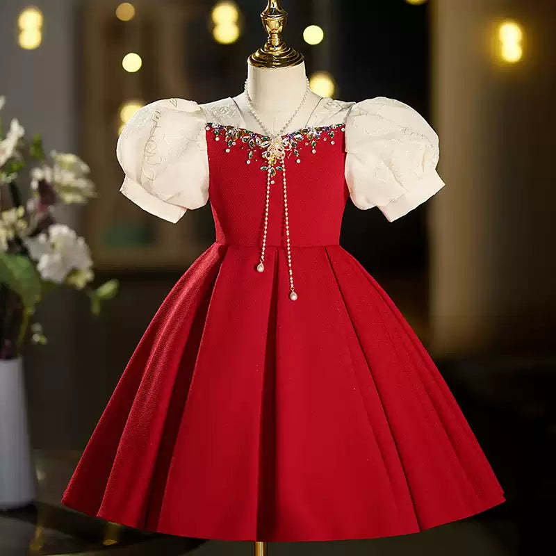 Red Rhinestone Girl's Party Dress with Short Sleeves and Tea-Length