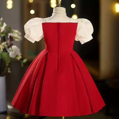 Red Rhinestone Girl's Party Dress with Short Sleeves and Tea-Length