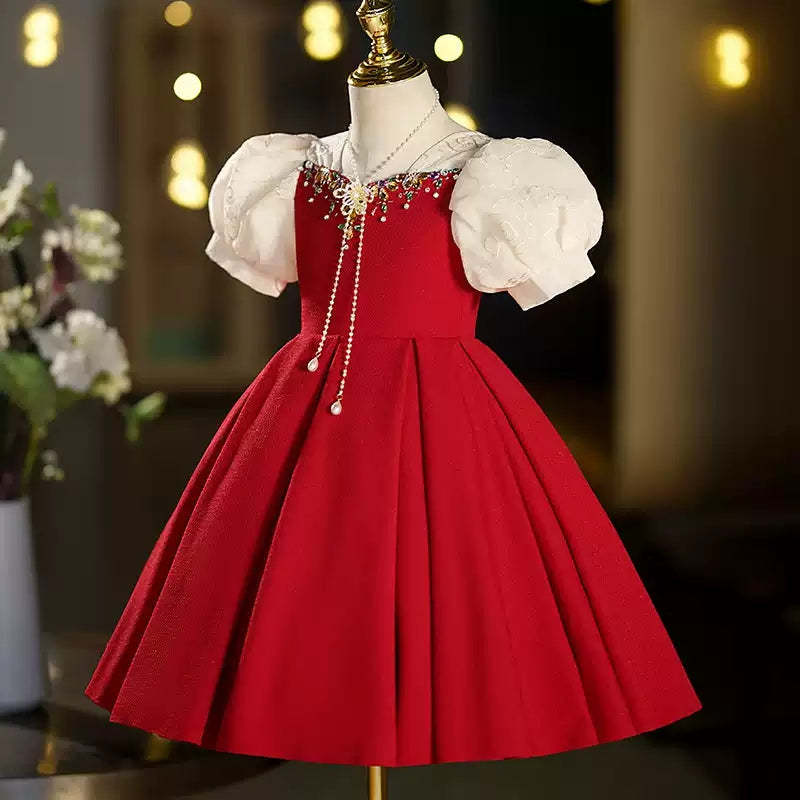 Red Rhinestone Girl's Party Dress with Short Sleeves and Tea-Length