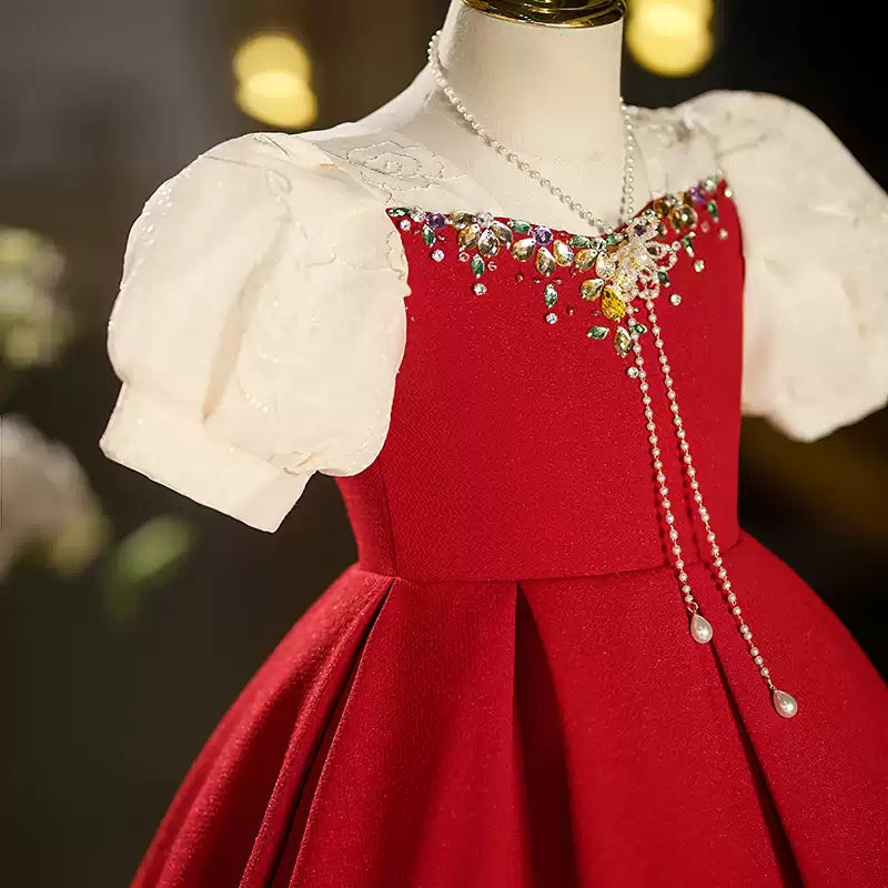 Red Rhinestone Girl's Party Dress with Short Sleeves and Tea-Length