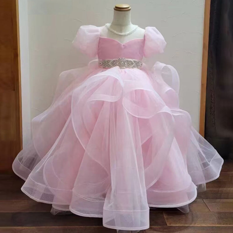 Beaded Ball Gown with Rhinestone Sash and Short Sleeves for Flower Girls