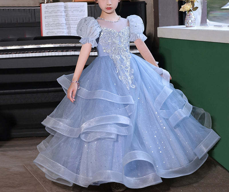Short-Sleeve Flower Girl Party Ball Gown with Rhinestone Appliques
